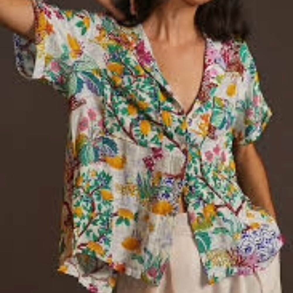 Anthropologie maeve women XS classic surf lemon linen blend short sleeve shirt. - Picture 2 of 12